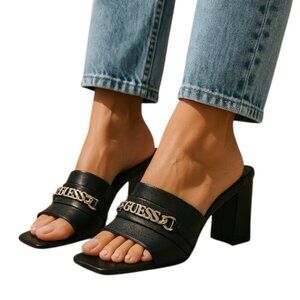 Guess Headly Womens Logo Black Square Open Toe Block Heel Sandals Size 8.5 NWOB